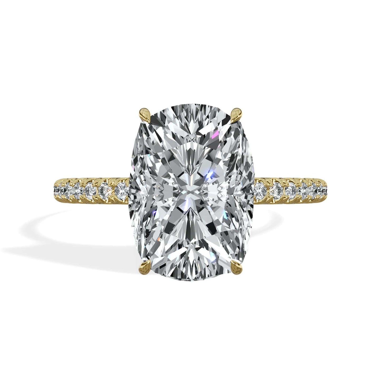 3.50 Carats Lab Grown Elongated Cushion Cut Micropaved Side Stones Hidden Halo Diamond Engagement Ring Yellow Gold