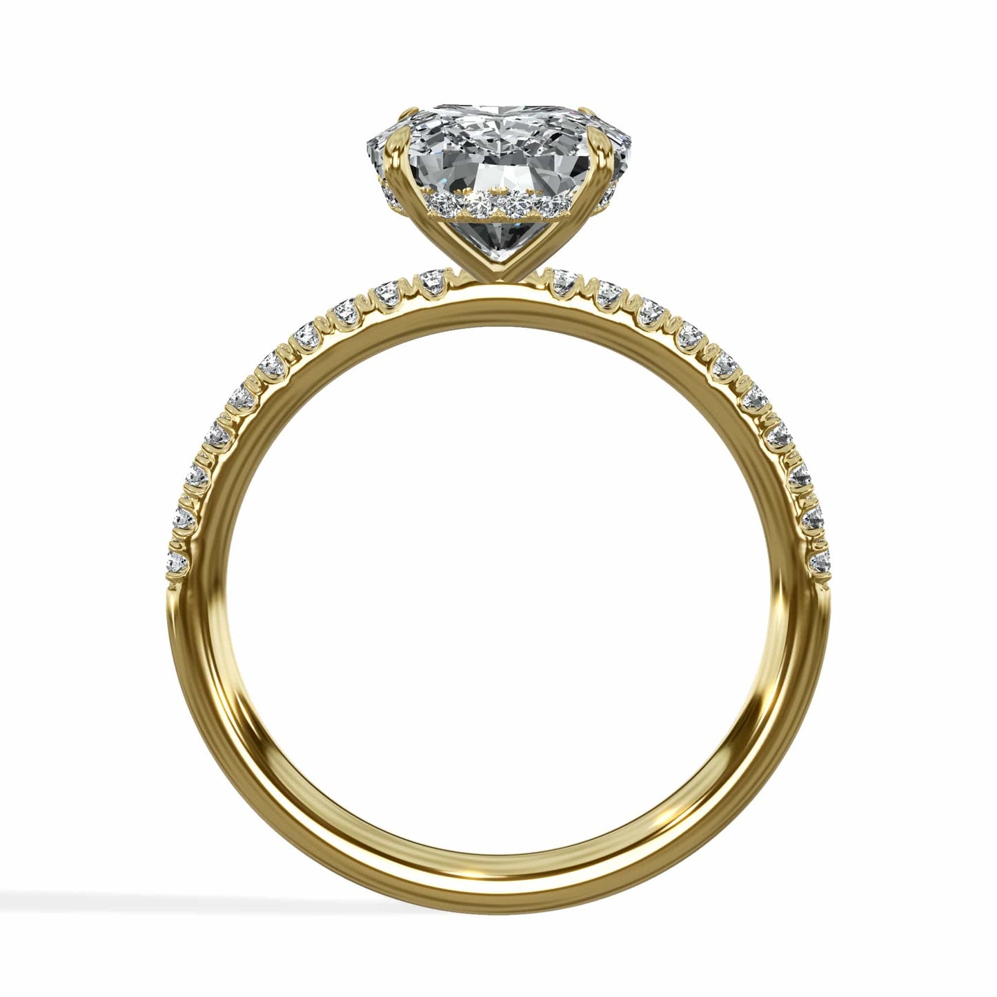 3.50 Carats Lab Grown Elongated Cushion Cut Micropaved Side Stones Hidden Halo Diamond Engagement Ring Yellow Gold