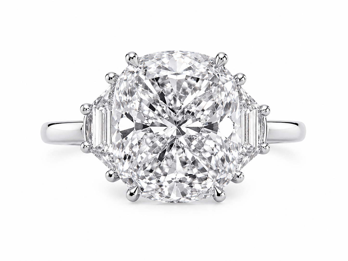 5.55 Carats Lab Grown Elongated Cushion Cut with Epaulette Three Stone Diamond Engagement Ring