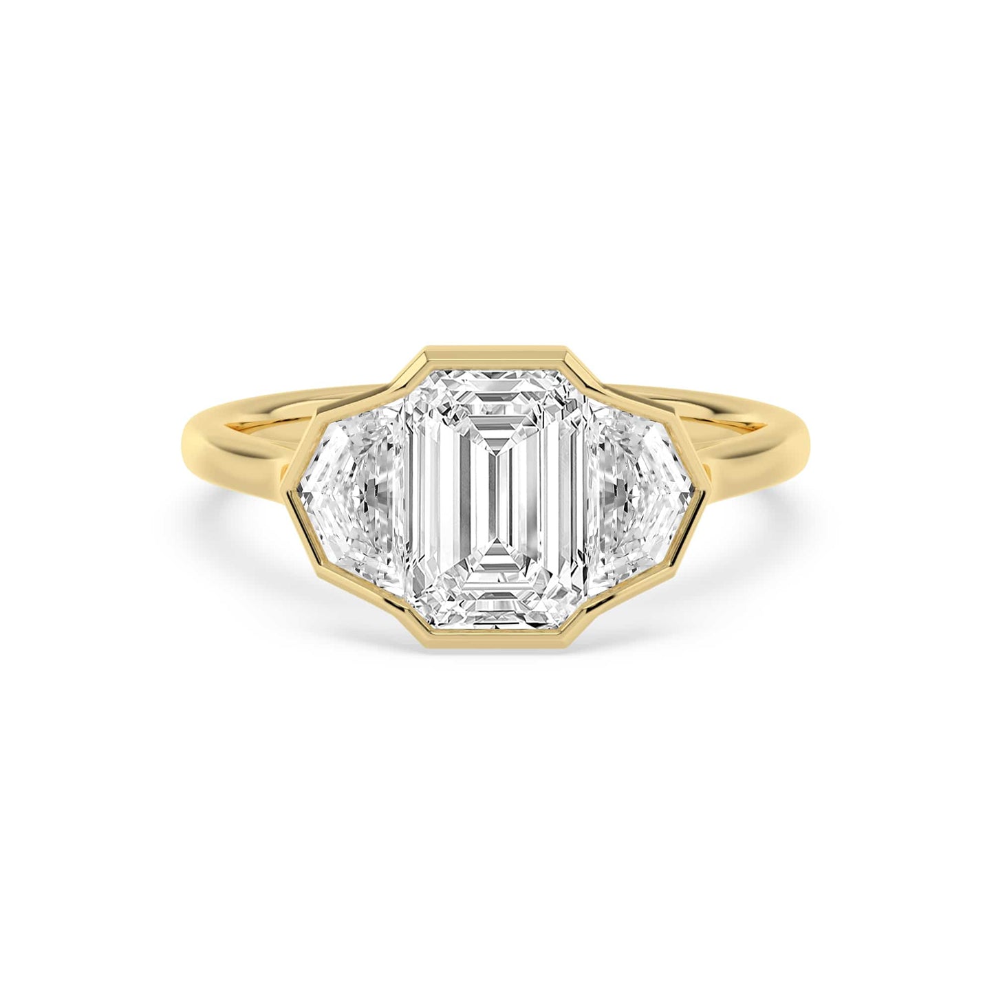 3.27 Carats Lab Grown Emerald Cut with Epaulette Three Stone Diamond Engagement Ring Yellow Gold