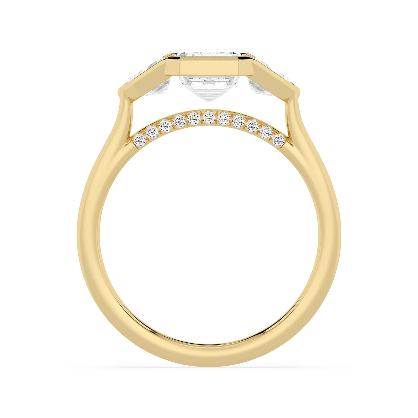 3.27 Carats Lab Grown Emerald Cut with Epaulette Three Stone Diamond Engagement Ring Yellow Gold