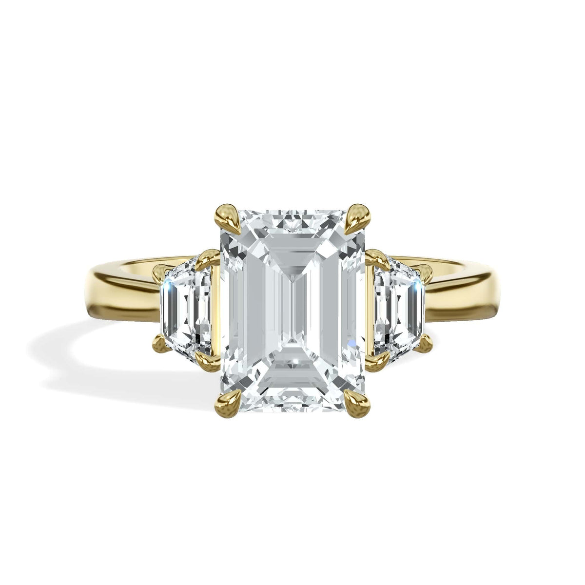 3.50 Carats Lab Grown Emerald Cut with Trapezoid Side Stones Diamond Engagement Ring Yellow Gold