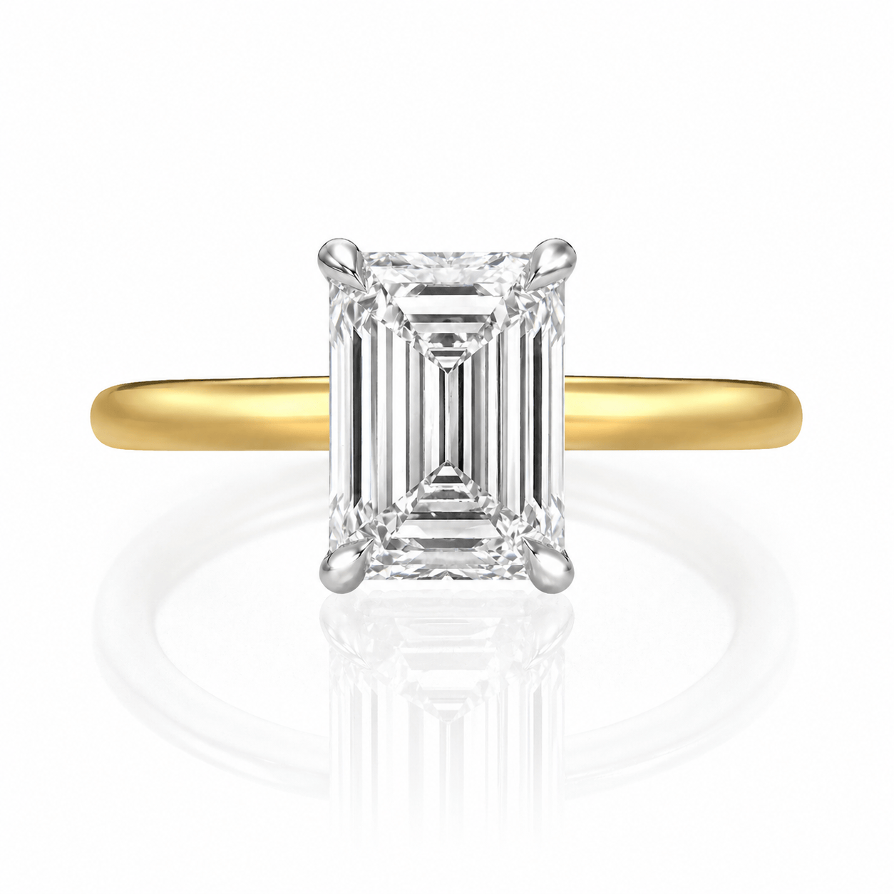 3.18 Carat Lab Grown Emerald Cut Two Tone Solitaire Hidden Halo Diamond Engagement Ring