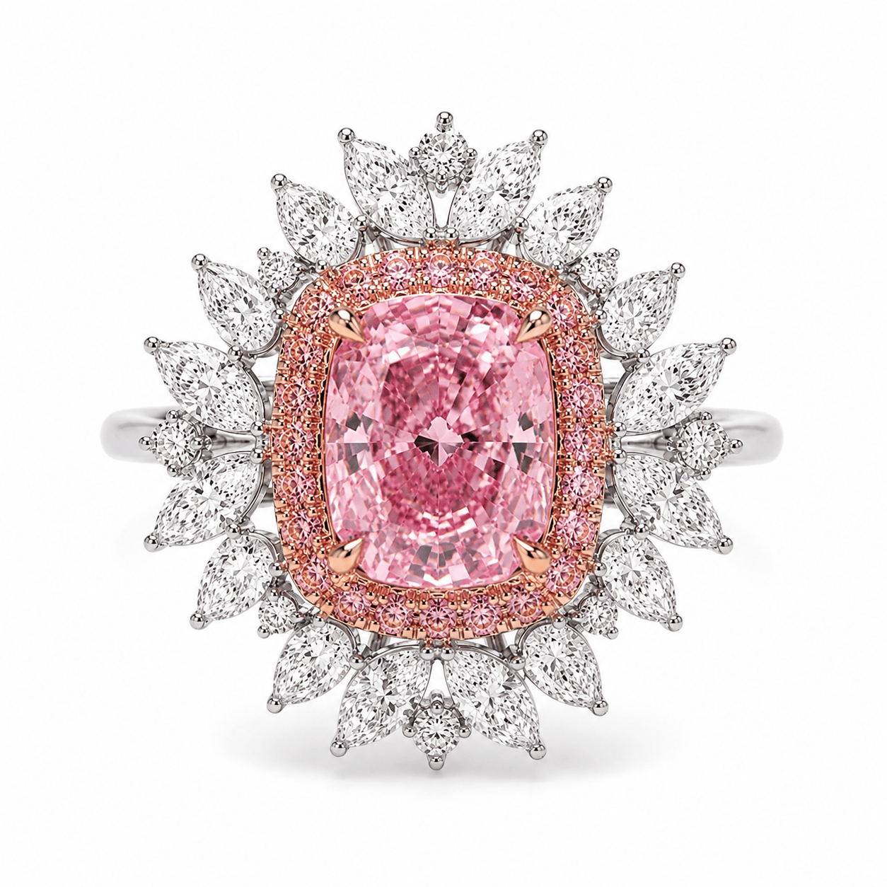 3.52 Carats Cushion Cut Fancy Vivid Pink High Jewelry Lab Grown Diamond Halo Cocktail Engagement Ring