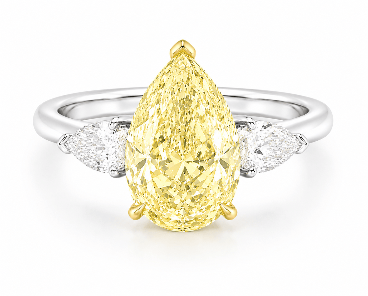 3.48 Carats Pear with Pear Side Stones Fancy Intense Yellow Lab Grown Diamond Engagement Ring