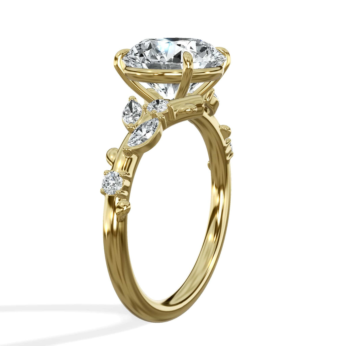 3.36 Carats Lab Grown Round Cut Diamond Floral Engagement Ring Yellow Gold