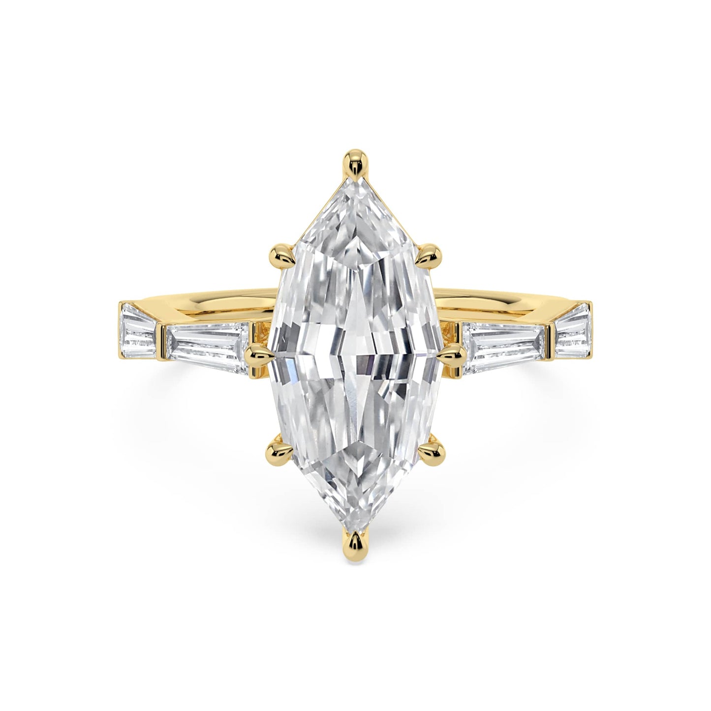 3.80 Carat Lab Grown Marquise Step Cut with Tapered Baguette Three Stone Diamond Engagement Ring Yellow Gold