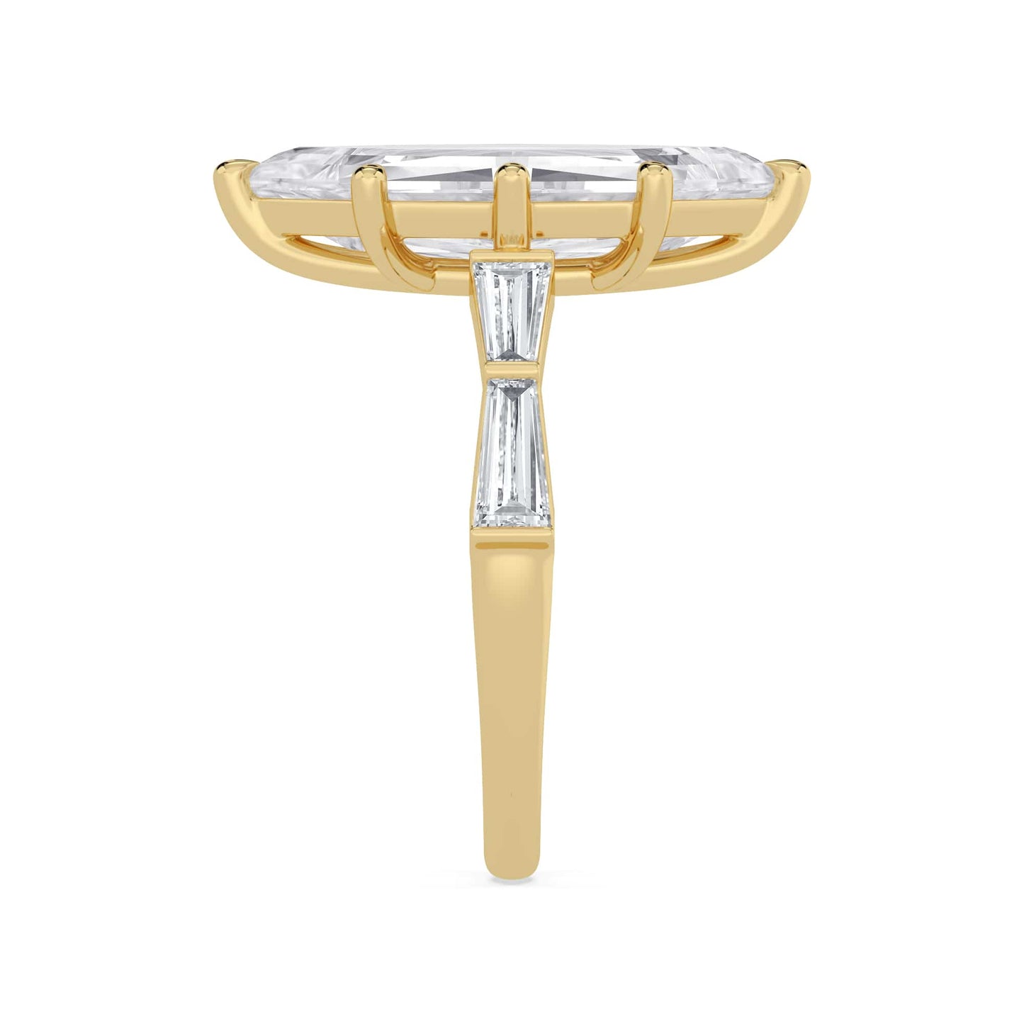3.80 Carat Lab Grown Marquise Step Cut with Tapered Baguette Three Stone Diamond Engagement Ring Yellow Gold