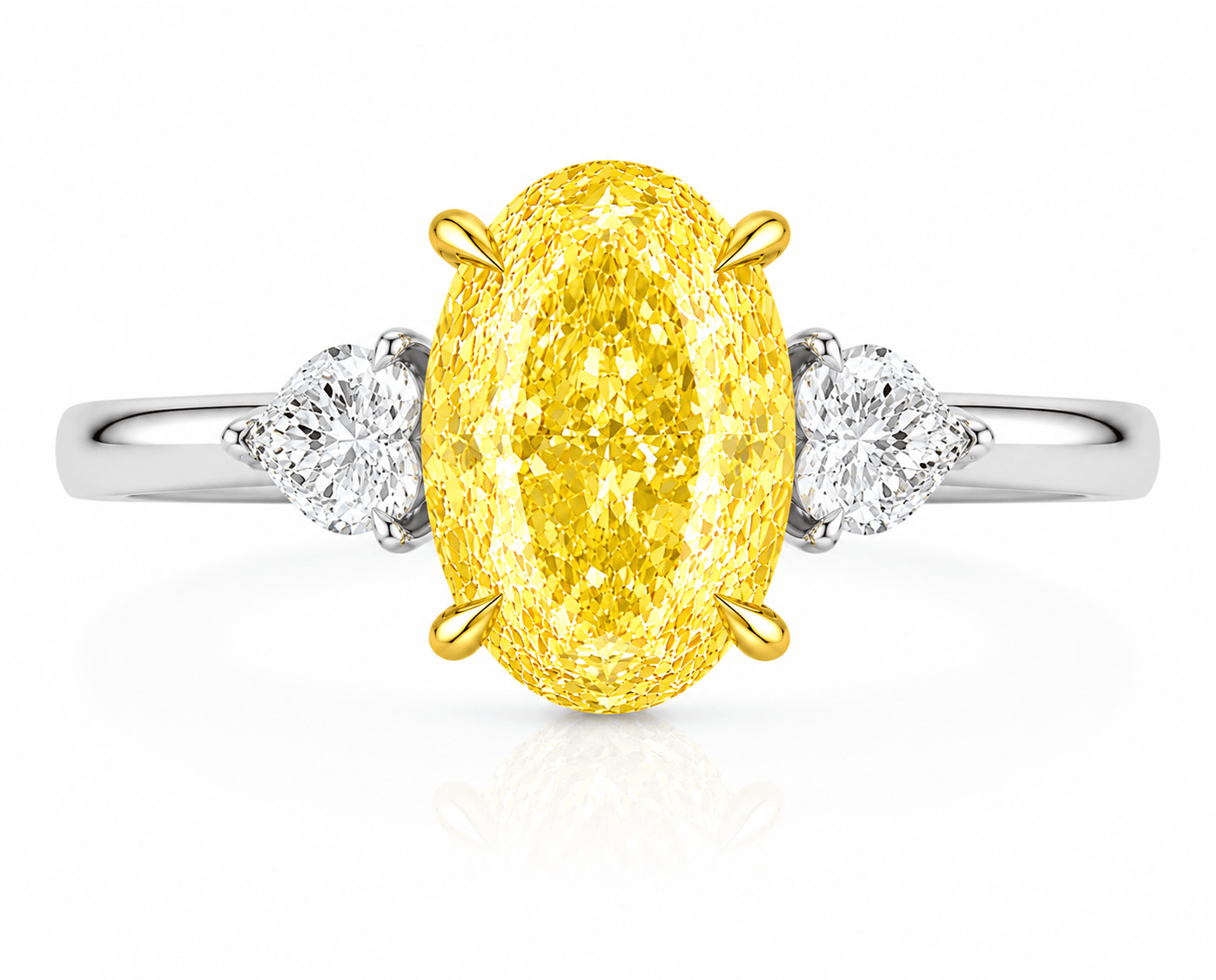 3.50 Carats Oval with Heart Side Stones Fancy Vivid Yellow Lab Grown Diamond Engagement Ring