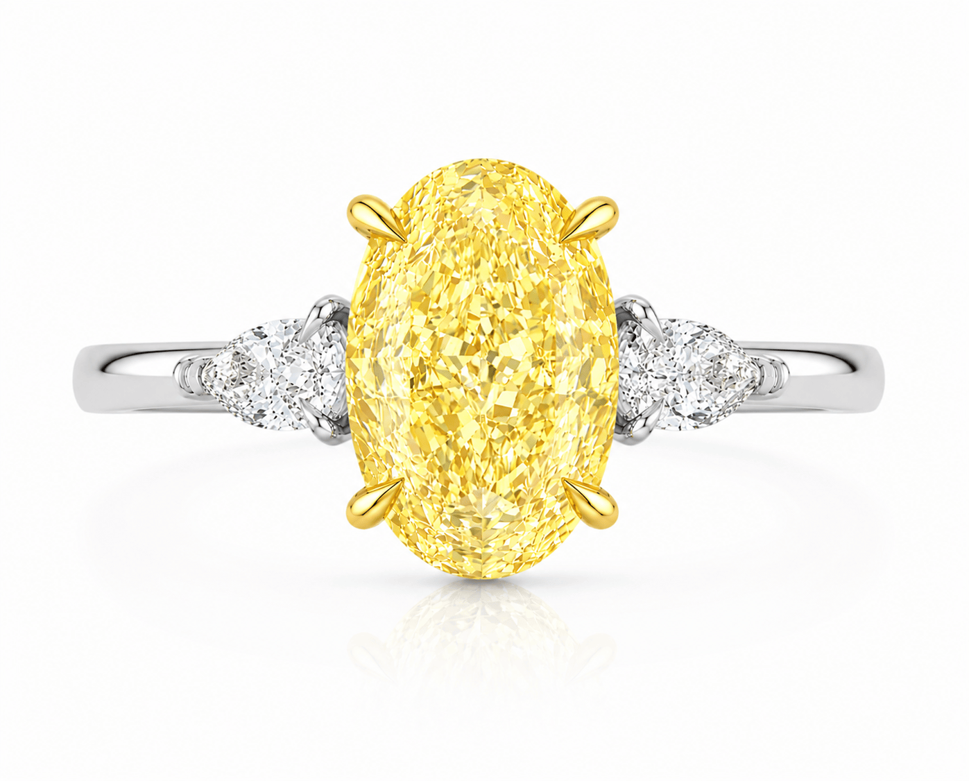 3.45 Carats Oval with Pear Side Stones Fancy Intense Yellow Lab Grown Diamond Engagement Ring