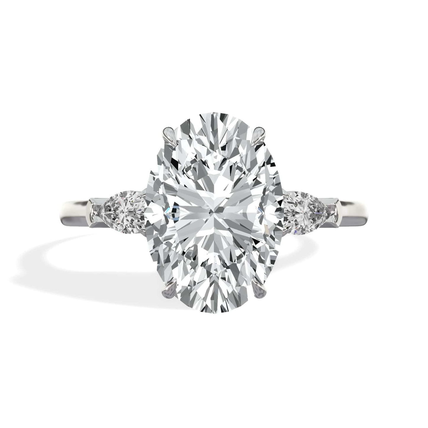 3.36 Carat Lab Grown Oval Cut with Pear Shaped Side Stones Diamond Engagement Ring in White Gold