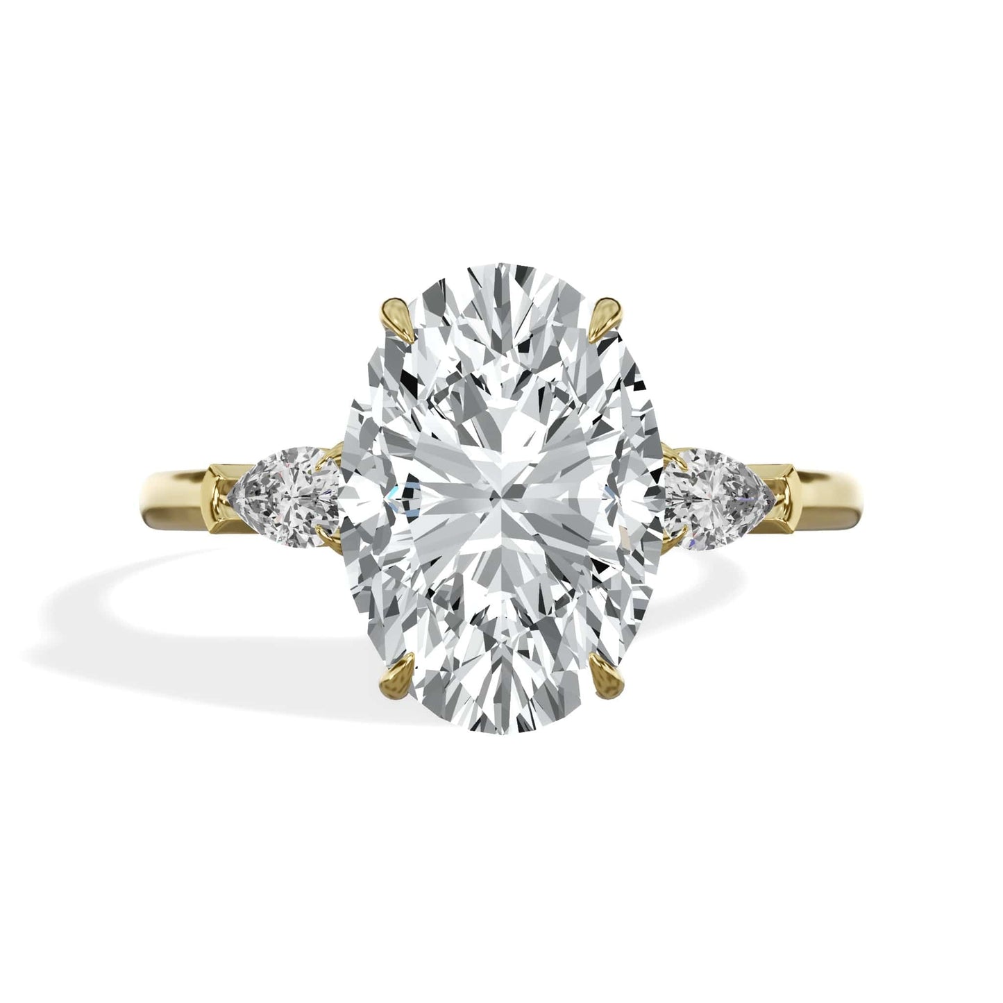 3.36 Carat Lab Grown Oval Cut with Pear Shaped Side Stones Diamond Engagement Ring in Yellow Gold