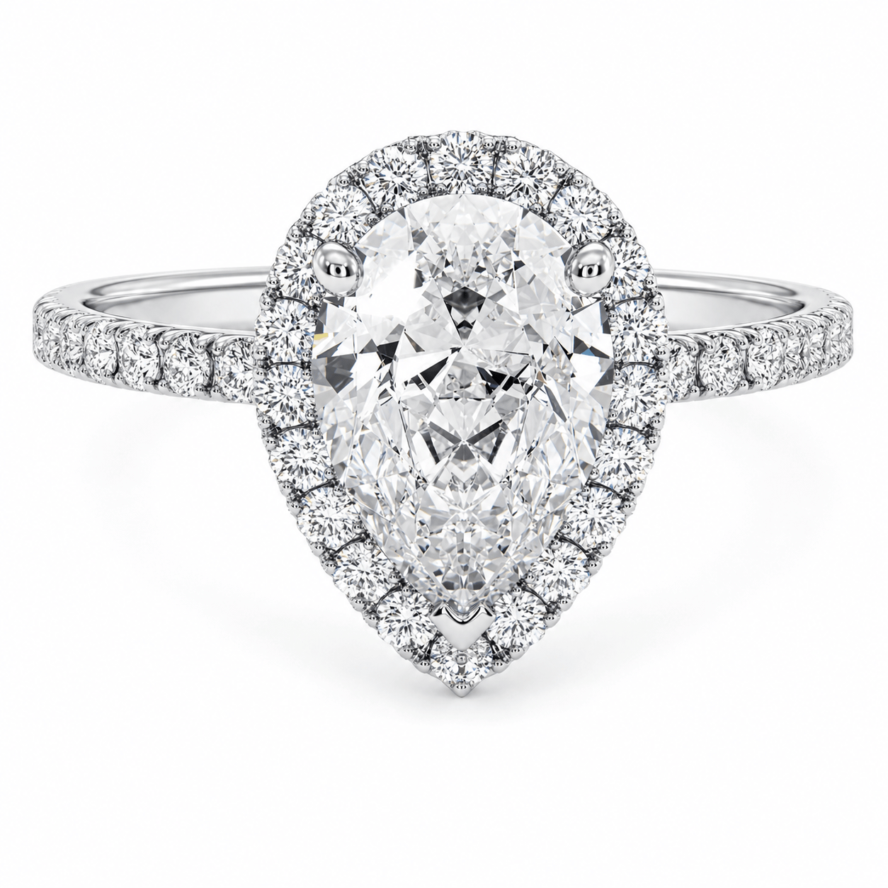 3.60 Carats Lab Grown Pear Shape Micropave Halo Side Stones Diamond Engagement Ring