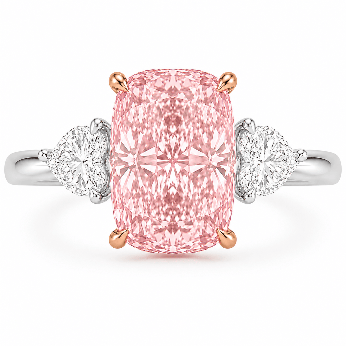3.71 Carats Elongated Cushion with Heart Side Stones Lab Grown Fancy Vivid Pink Diamond Engagement Ring