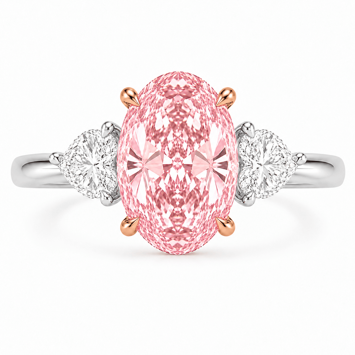 3.26 Carats Oval with Heart Side Stones Lab Grown Fancy Vivid Pink Diamond Engagement Ring