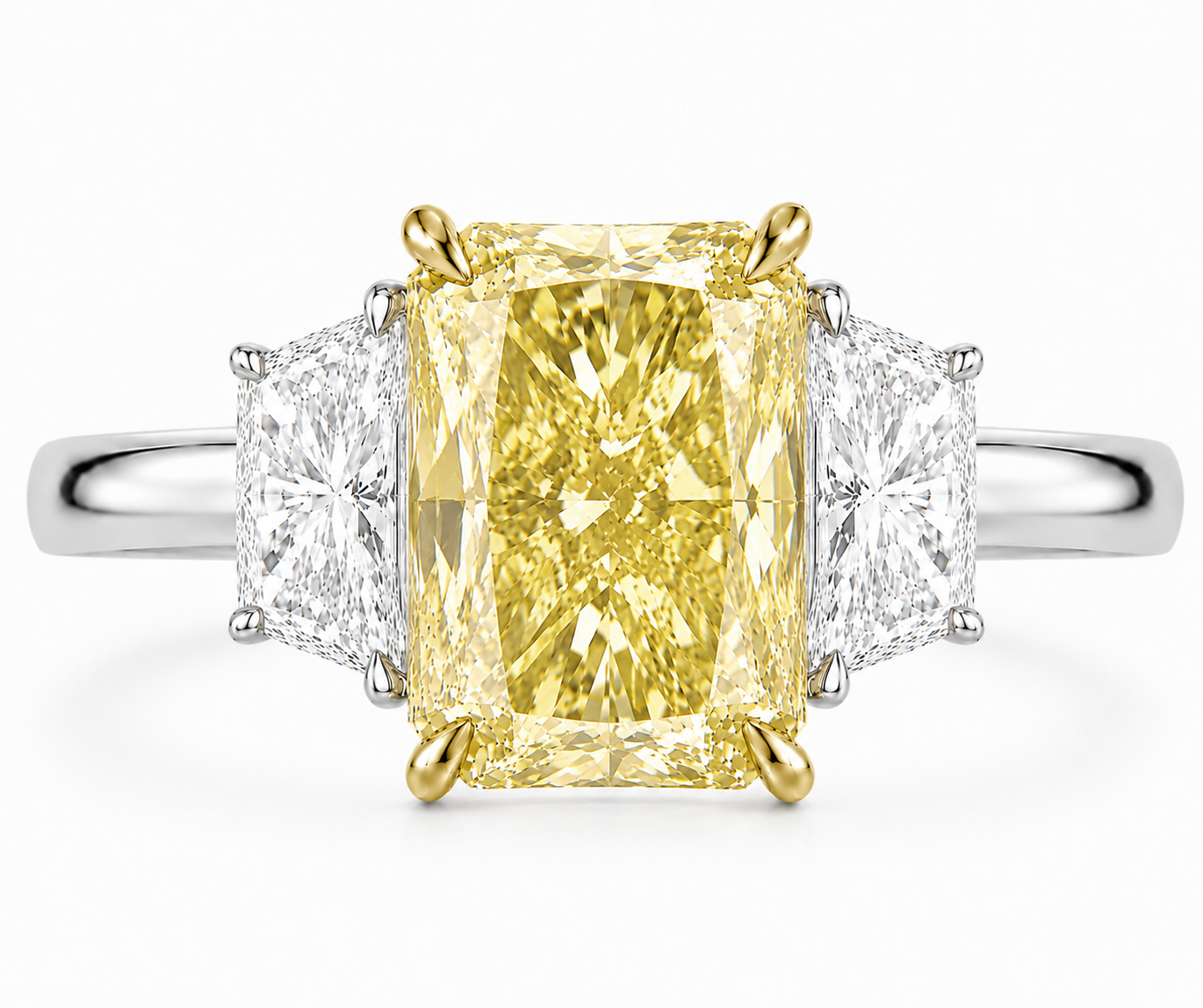 3.65 Carats Radiant Cut with Trapezoid Side Stones Lab Grown Fancy Intense Yellow Diamond Engagement Ring