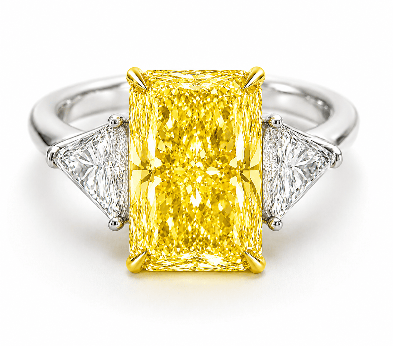 3.58 Carats Oval with Trillion Side Stones Fancy Intense Yellow Lab Grown Diamond Engagement Ring