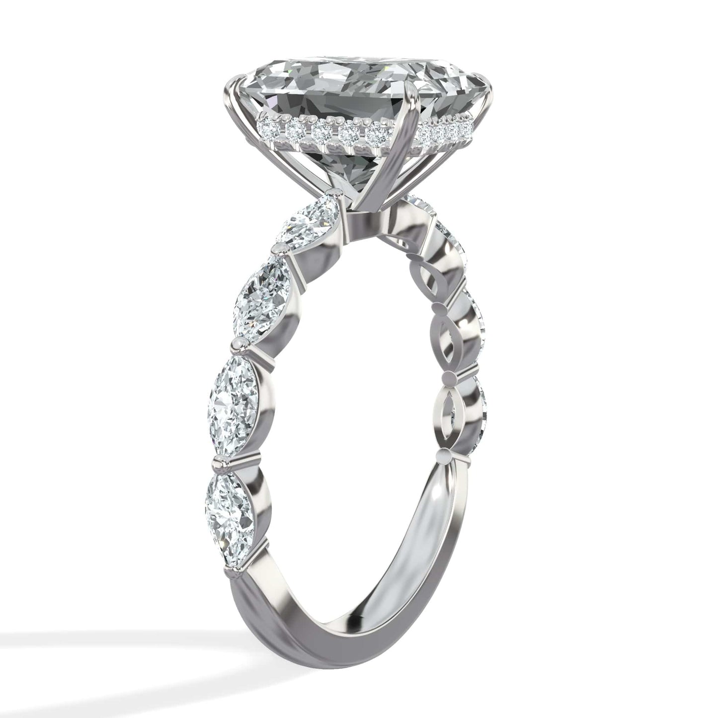 4.00 Carats Lab Grown Radiant Cut with Marquise Side Stones Hidden Halo Diamond Engagement Ring In White Gold