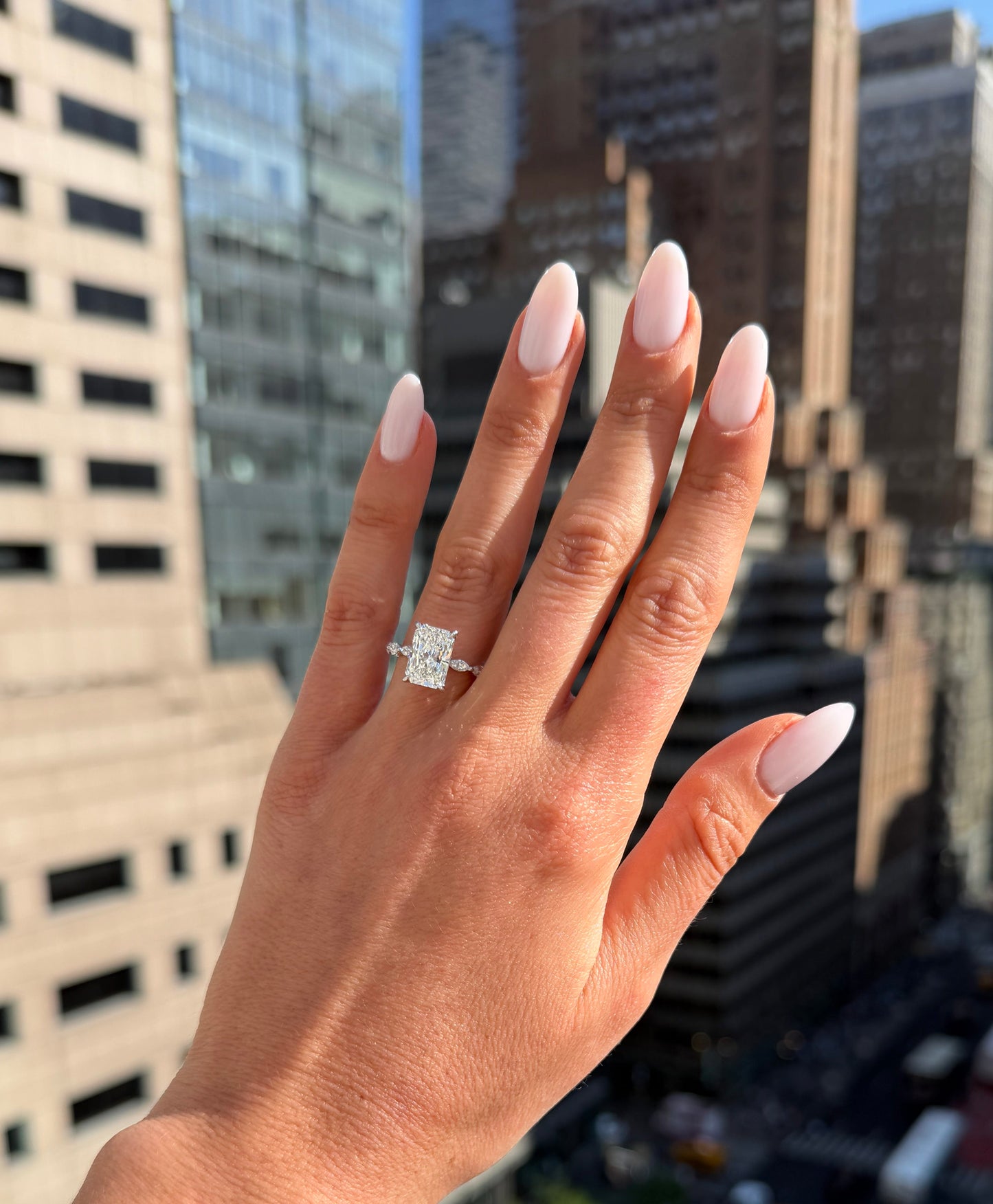 4.00 Carats Lab Grown Radiant Cut with Marquise Side Stones Hidden Halo Diamond Engagement Ring In White Gold
