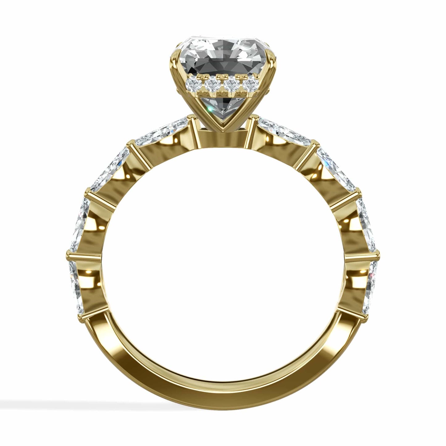 4.00 Carats Lab Grown Radiant Cut with Marquise Side Stones Hidden Halo Diamond Engagement Ring In Yellow Gold