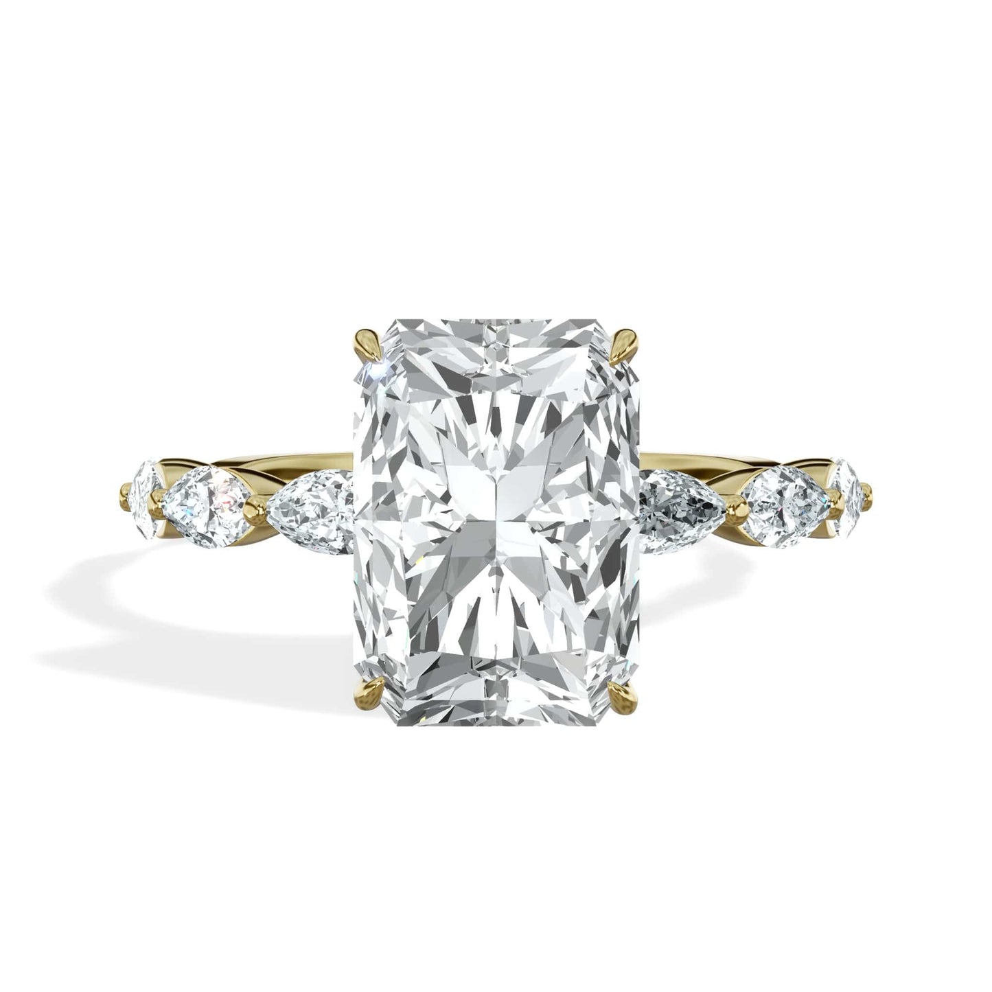 4.00 Carats Lab Grown Radiant Cut with Marquise Side Stones Hidden Halo Diamond Engagement Ring In Yellow Gold