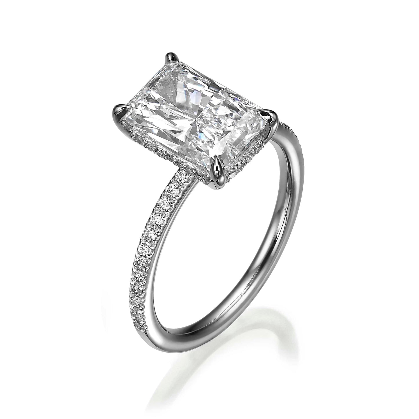3.52 Carats Elongated Radiant Cut Micropaved Side Stones Hidden Halo Diamond Engagement Ring