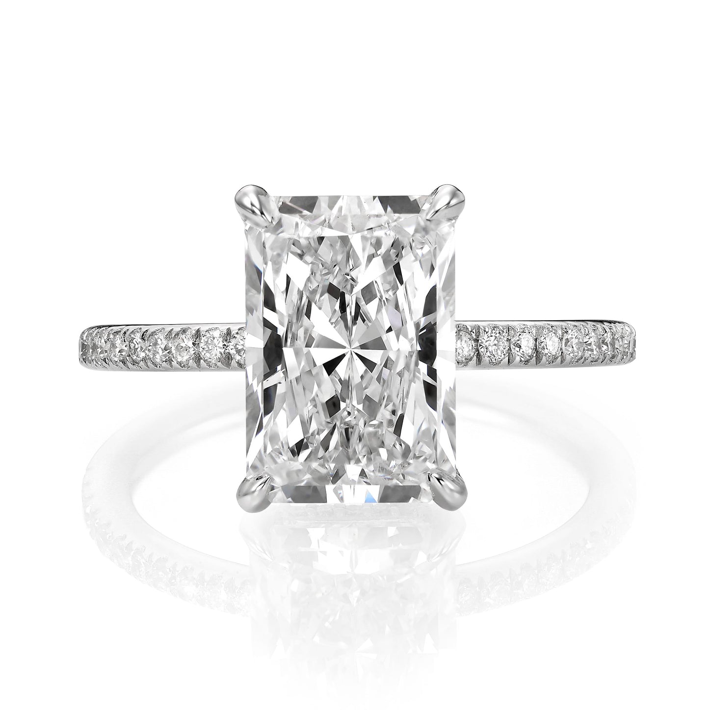 3.52 Carats Elongated Radiant Cut Micropaved Side Stones Hidden Halo Diamond Engagement Ring
