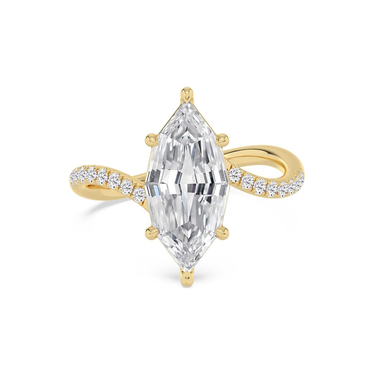3.28 Carat Lab Grown Marquise Step Cut Diamond Spiral Engagement Ring Yellow Gold
