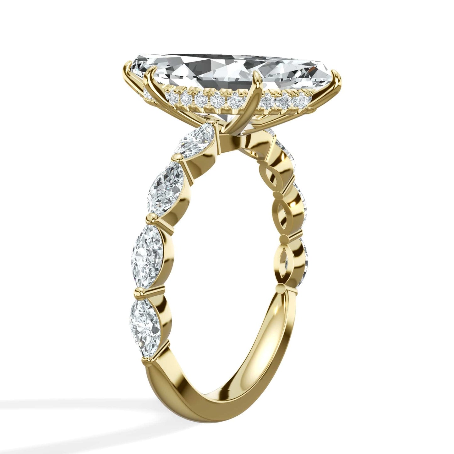 4.02 Carats Lab Grown Marquise Cut with Marquise Side Stones Hidden Halo Diamond Engagement Ring In Yellow Gold