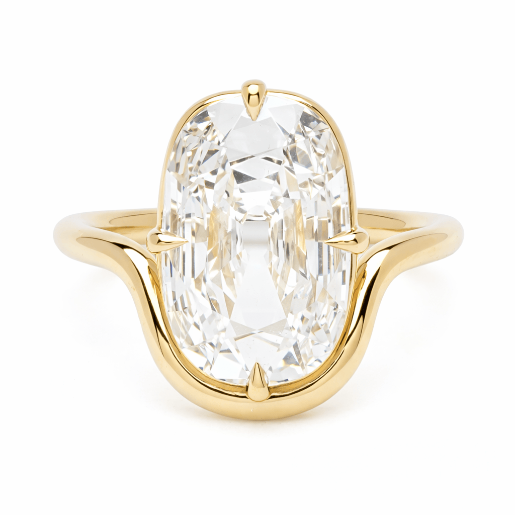 3.61 Carat Lab Grown Elongated Old Mine Cut Diamond Sinuous Solitaire Engagement Ring