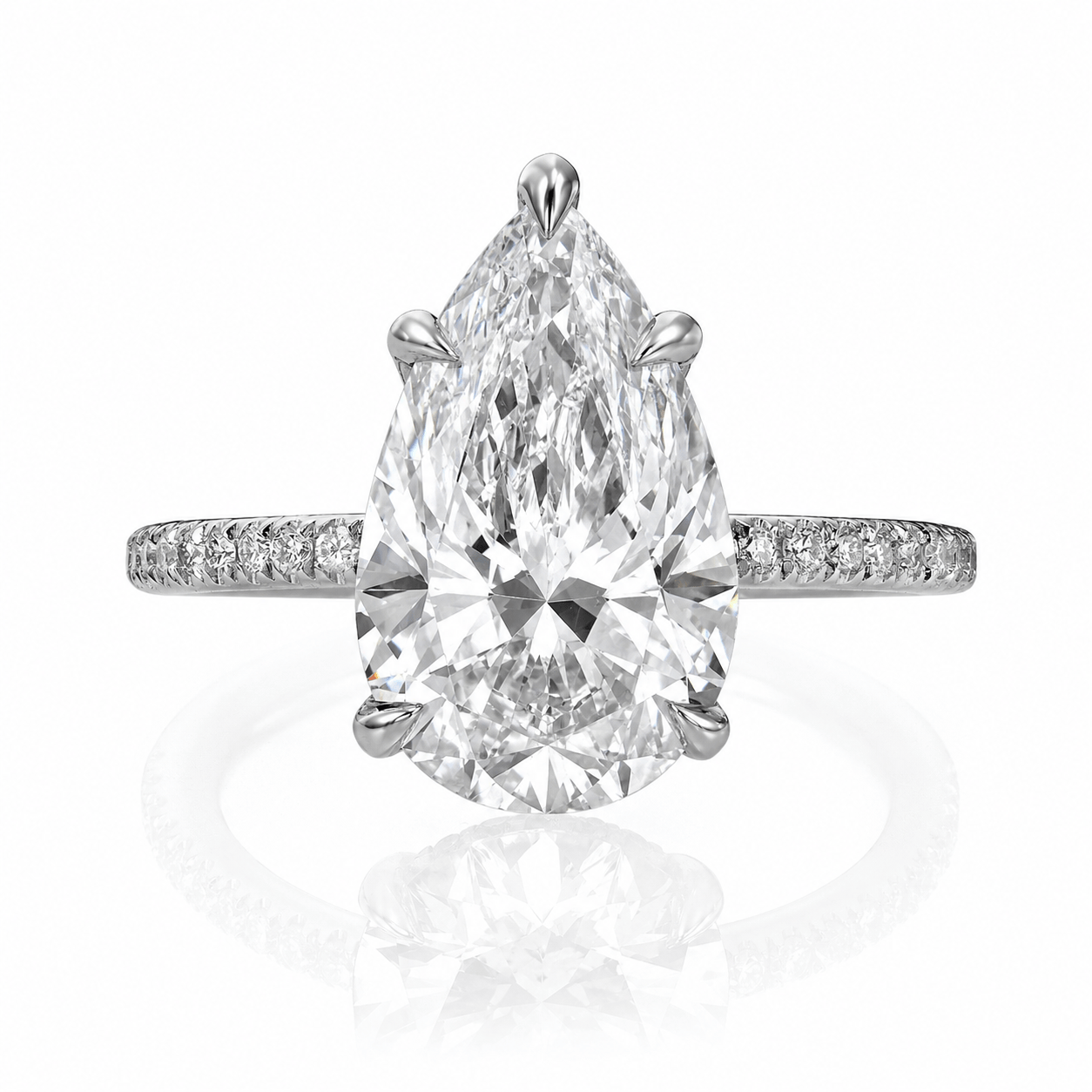 3.52 Carats Lab Grown Pear Shaped Micropaved Side Stones Hidden Halo Diamond Engagement Ring