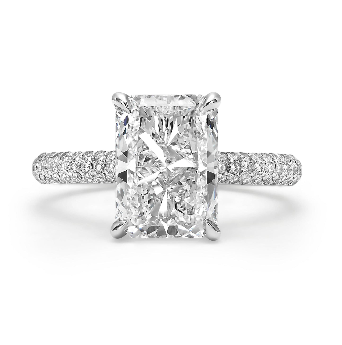 3.82 Carats Lab Grown Radiant Cut Micropaved Three Rows Hidden Halo Diamond Engagement Ring