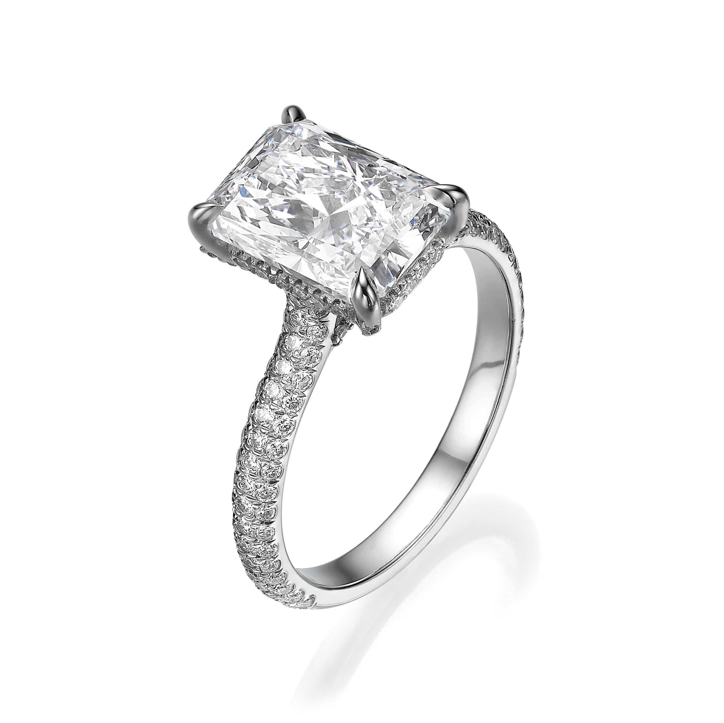 3.82 Carats Lab Grown Radiant Cut Micropaved Three Rows Hidden Halo Diamond Engagement Ring