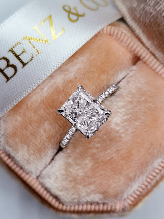 3.40 Carats Radiant Cut Micropave Side Stones Hidden Halo Diamond Engagement Ring