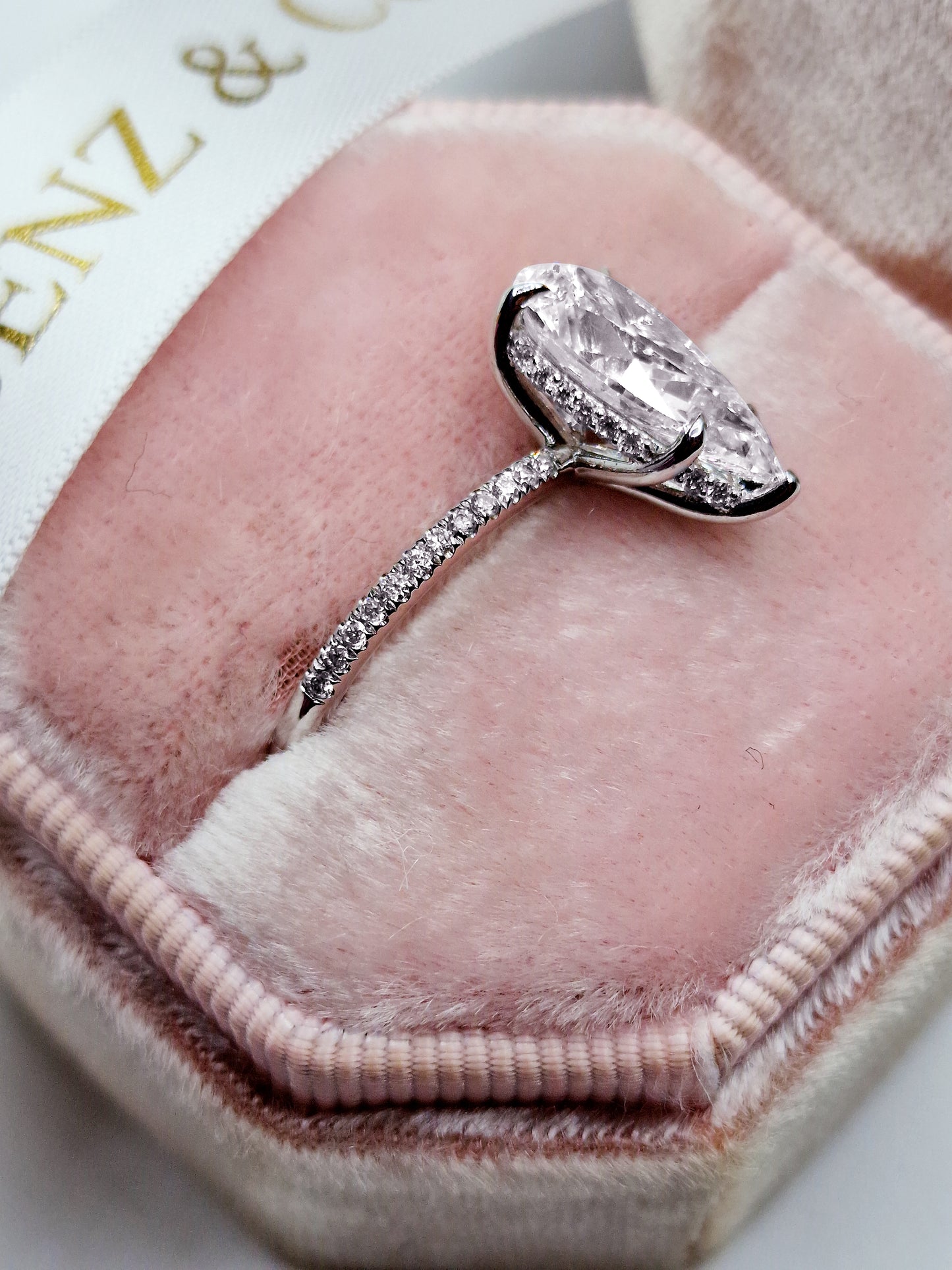 3.52 Carats Lab Grown Pear Shaped Micropaved Side Stones Hidden Halo Diamond Engagement Ring