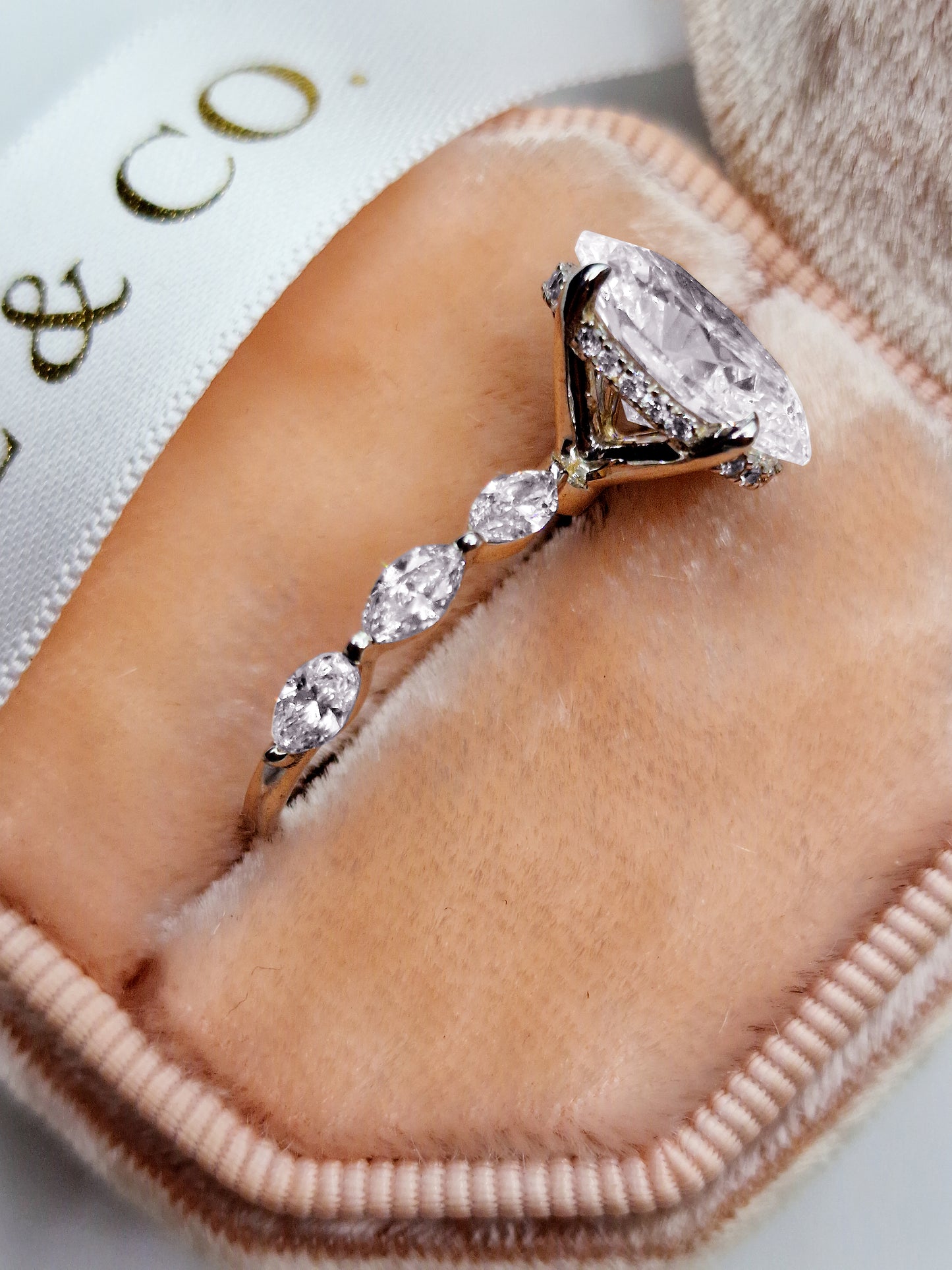 3.82 Carats Lab Grown Oval Shape with Marquise Side Stones Hidden Halo Diamond Engagement Ring