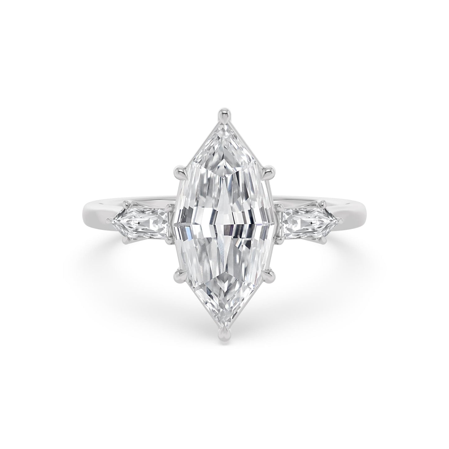 4.46 Carat Lab Grown Marquise Step Cut with Bullet Three Stone Diamond Engagement Ring White Gold