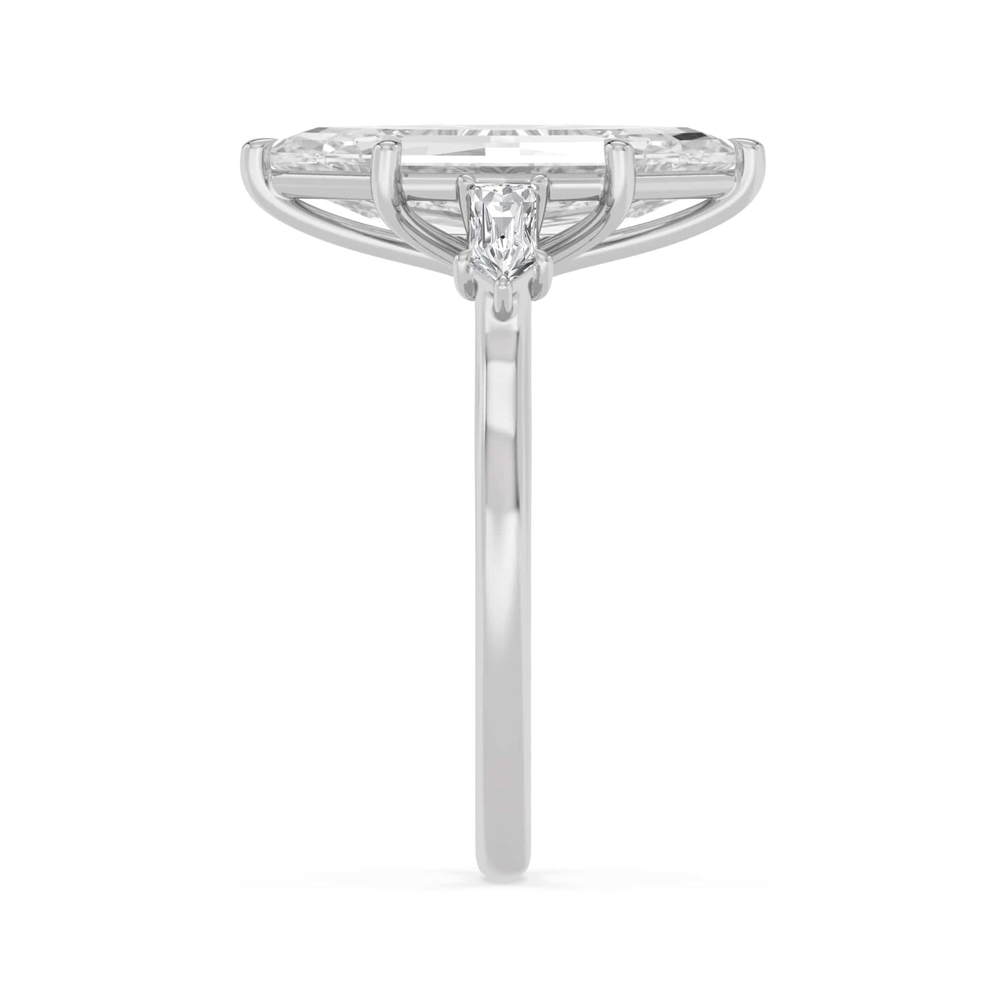 4.46 Carat Lab Grown Marquise Step Cut with Bullet Three Stone Diamond Engagement Ring White Gold