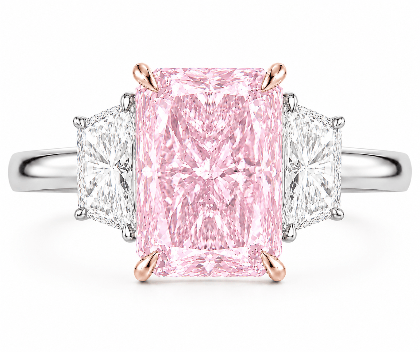 4.41 Carats Radiant Cut with Trapezoid Side Stones Lab Grown Fancy Vivid Pink Diamond Engagement Ring