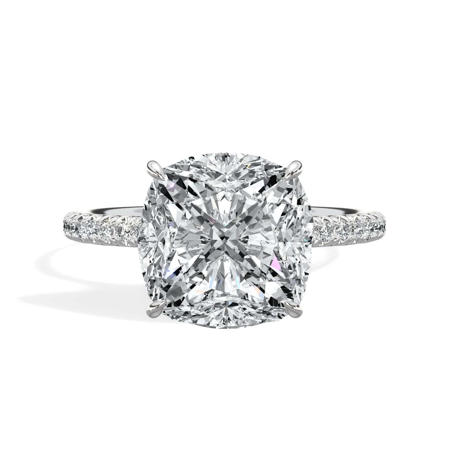 4.52 Carats Lab Grown Cushion Cut Micropaved Side Stones Hidden Halo Diamond Engagement Ring