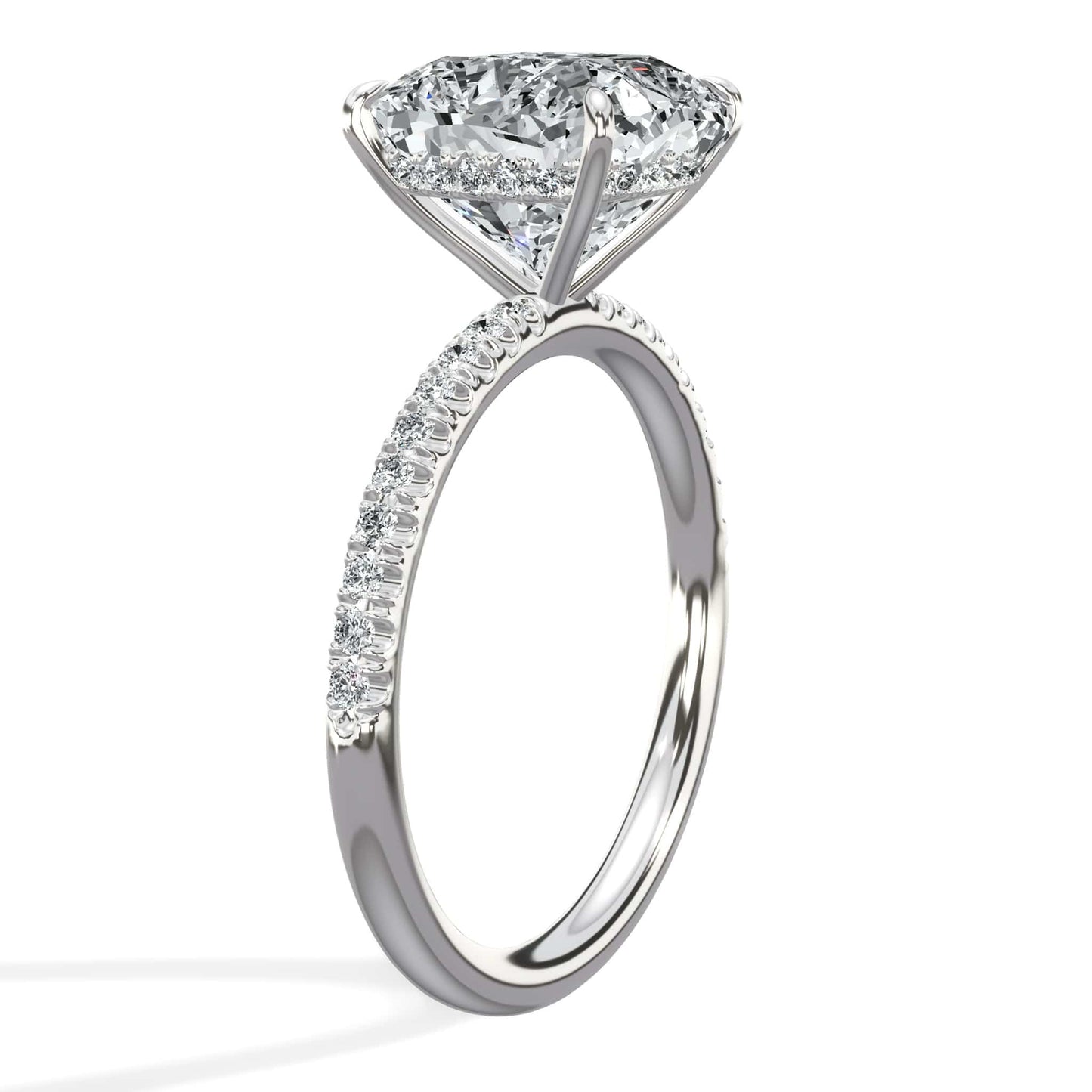 4.52 Carats Lab Grown Cushion Cut Micropaved Side Stones Hidden Halo Diamond Engagement Ring