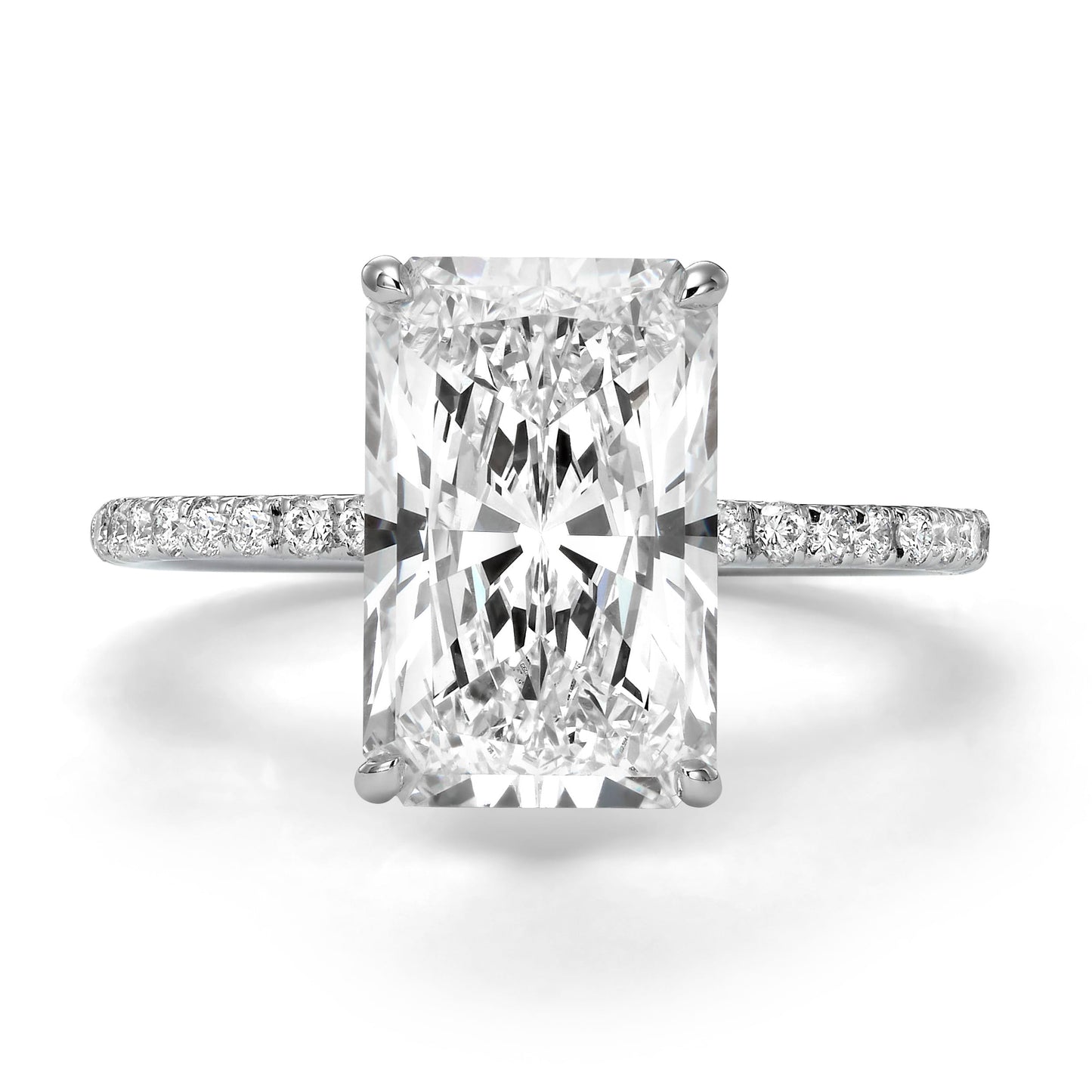4.50 Carats Lab Grown Super Elongated Radiant Cut Micropaved Side Stones Hidden Halo Diamond Engagement Ring