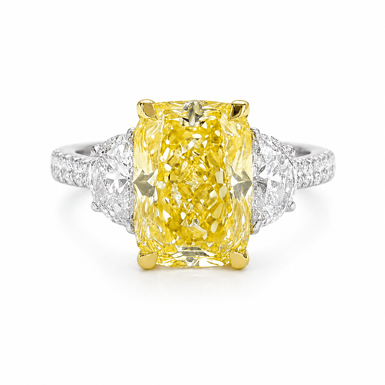 6.52 Carats Elongated Cushion Cut Fancy Vivid Yellow Lab Grown Diamond Three-Stone Engagement Ring