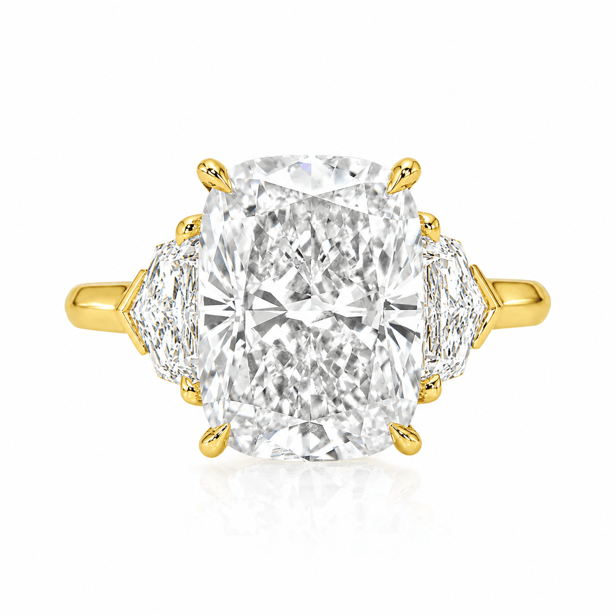 5.70 Carats Lab Grown Elongated Cushion Cut with Epaulette Three Stone Diamond Engagement Ring Yellow Gold