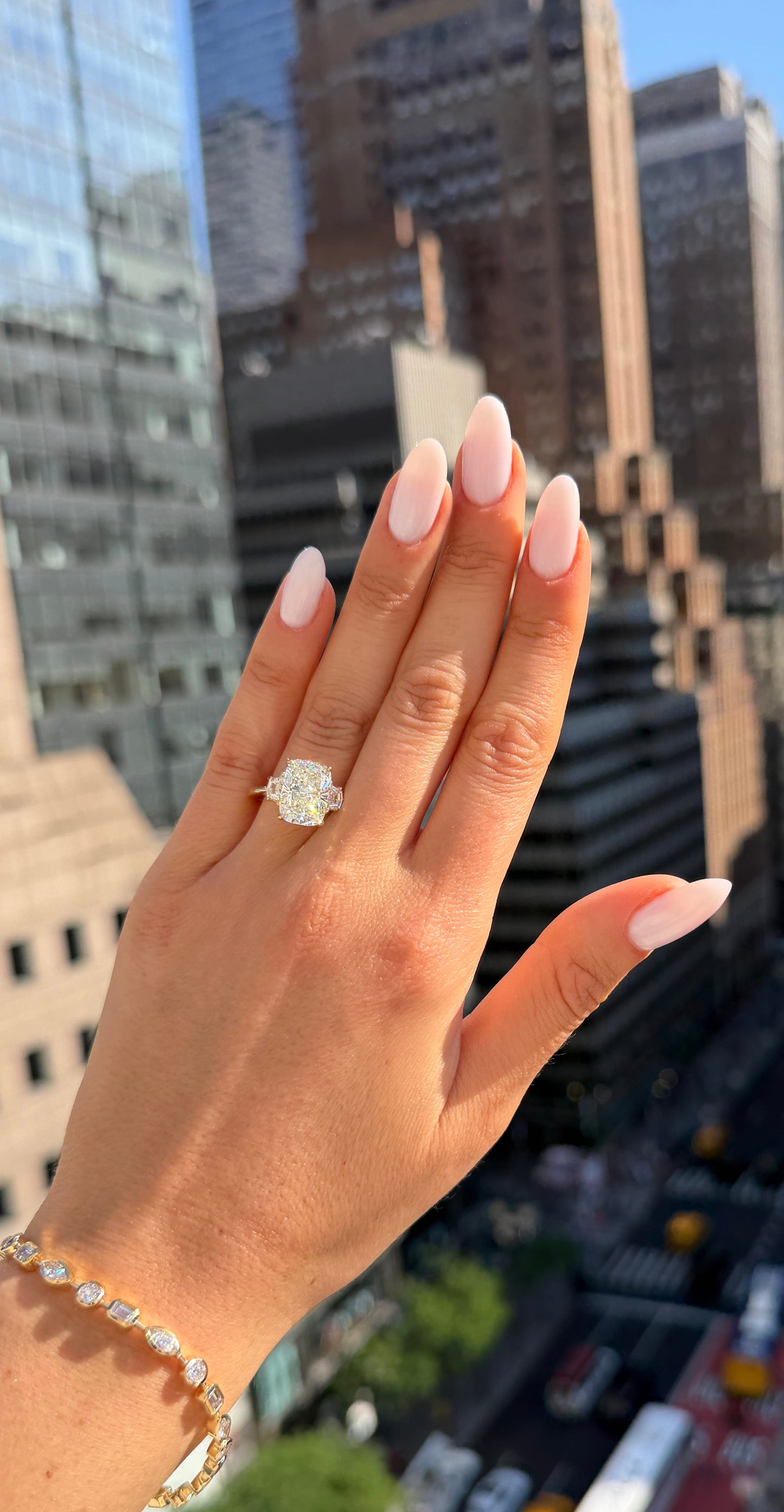 5.70 Carats Lab Grown Elongated Cushion Cut with Epaulette Three Stone Diamond Engagement Ring Yellow Gold