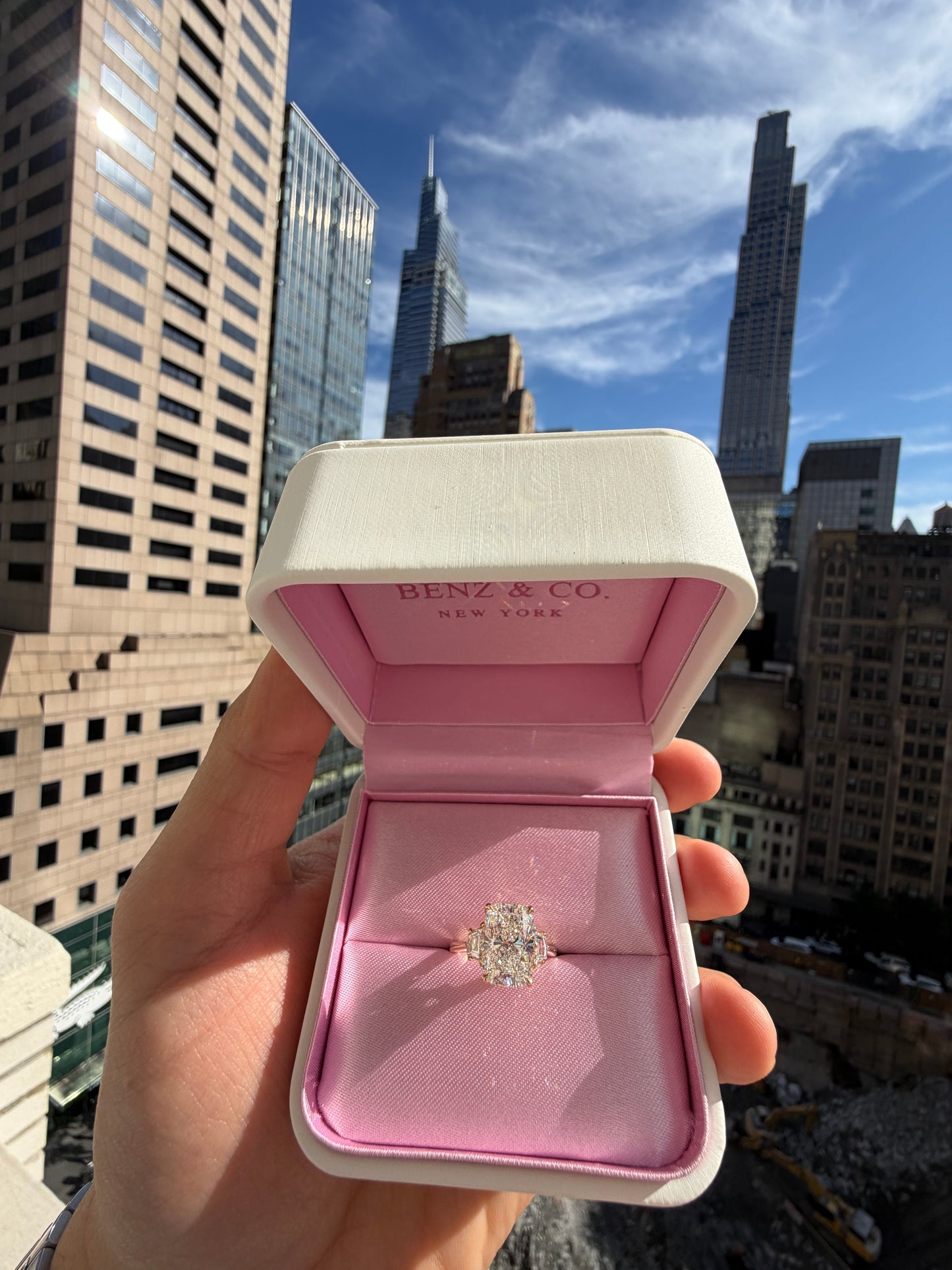 5.70 Carats Lab Grown Elongated Cushion Cut with Epaulette Three Stone Diamond Engagement Ring Yellow Gold