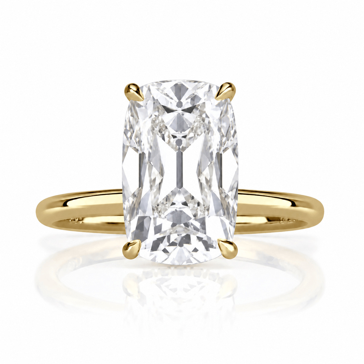 5.62 Carat Lab Grown Elongated Old Mine Cushion Cut Diamond Solitaire Engagement Ring Yellow Gold