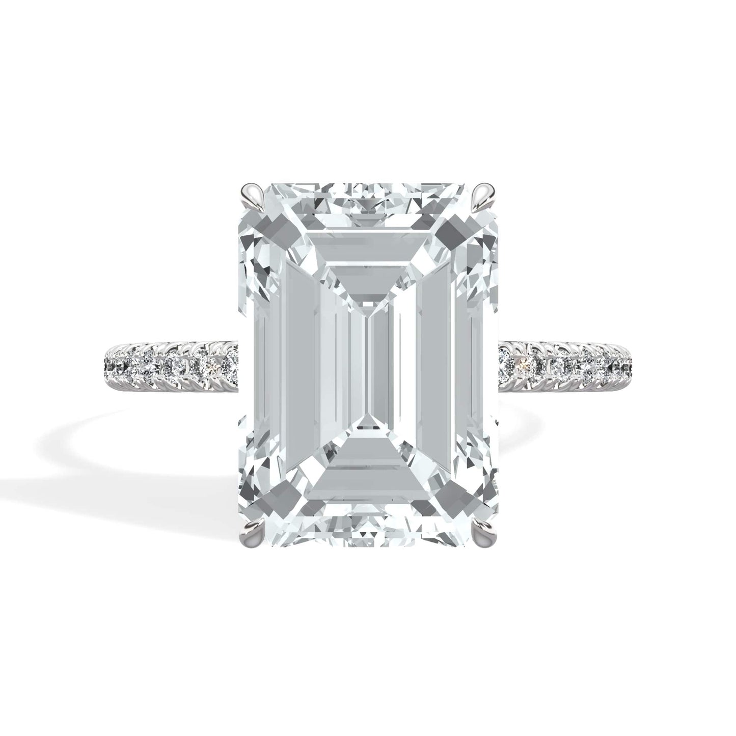 5.50 Carats Lab Grown Emerald Cut Micropaved Side Stones Hidden Halo Diamond Engagement Ring