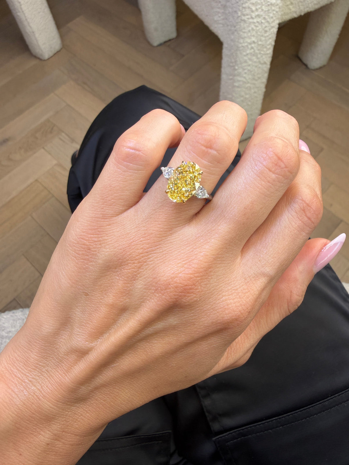 5.55 Carats Oval with Pear Side Stones Fancy Vivid Yellow Lab Grown Diamond Engagement Ring
