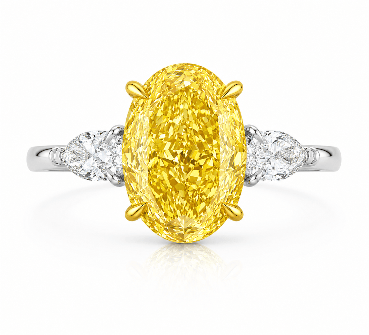 5.55 Carats Oval with Pear Side Stones Fancy Vivid Yellow Lab Grown Diamond Engagement Ring